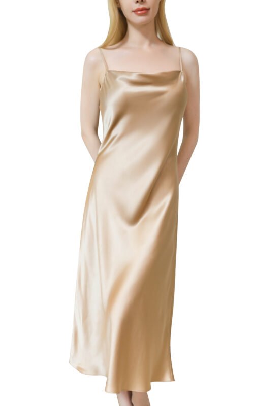 sexy-luxury-affordable-ladies-100-pure-mulberry-silk-nightgown-midi-long-cowl-neck-strap-camel-canada