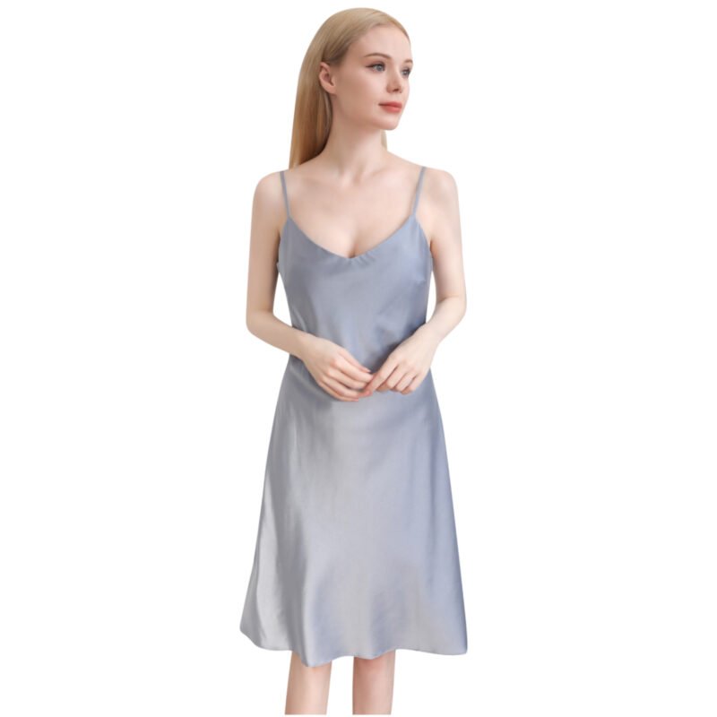 sexy-luxury-affordable-ladies-100-pure-mulberry-silk-nightgown-knee-long-V-neck-strap-blue-canada