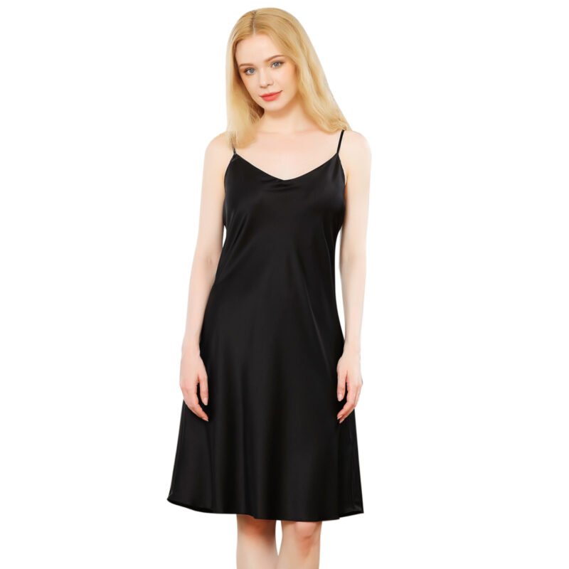 sexy-luxury-affordable-ladies-100-pure-mulberry-silk-nightgown-knee-long-V-neck-strap-black-canada